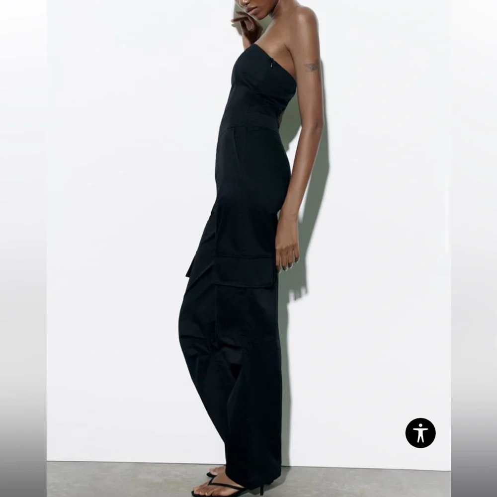 Zara strapless cargo jumpsuit black size small blogger favorite - Picture 6 of 16